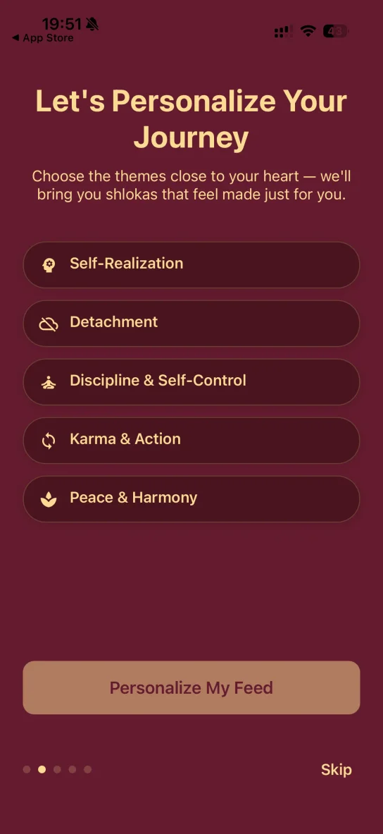 Wisdom app topic personalisation for karma, peace, detachment, and self-realization