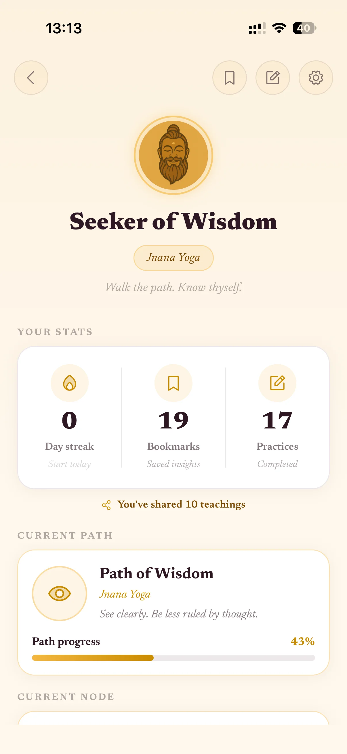 Wisdom app progress screen — Seeker of Wisdom on Jnana Yoga showing day streak, bookmarks, practices completed, and 43% Path of Wisdom progress